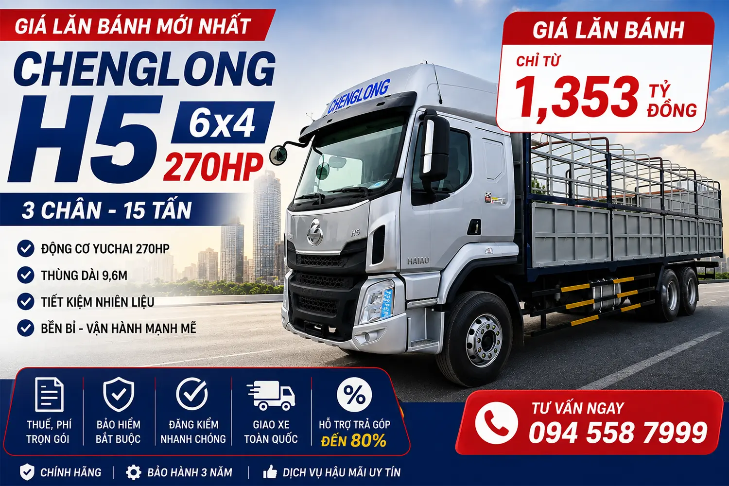 Giá lăn bánh xe tải Chenglong H5 6x4 270HP 3 chân 15 tấn mới nhất